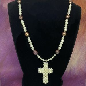 Vintage Lee Sands Baroque Pearl Cross Necklace